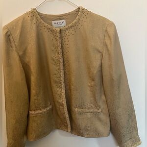 PAPELL BOUTIQUE EVENING 100% SILK JACKET. GOLD TONES W/BEADING. SIZE 14 PETITE